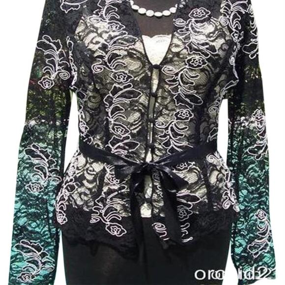 Cache Luxe Black Lace Sheer Illusion Lace Top Jacket White Trim New $228 NWT - Picture 3 of 11